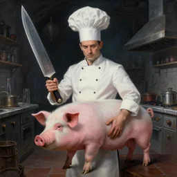 pigs is a chef, dressed as a chef, in a kitchen, holding a huge knife, mysterious gothic horror painting, elegant intricate digital painting artstation concept art by mark brooks and brad kunkle detailed