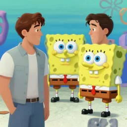 handsome men talking with SpongeBob