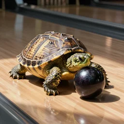 a turtle eating a bowling ball