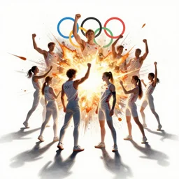 multiple close interacting human figures as olympic icons, limbs scattered, explosions, splotches, concept art, illustration, transparency, sss, occlusion, high contrast, very long shadows, on white