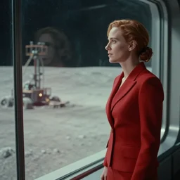 a young susan sarandon in a tailored red suit is staring out of a plate glass window. outside is the surface of the moon, mining operations are visible. sci fi, futuristic, cinematic, soft lighting