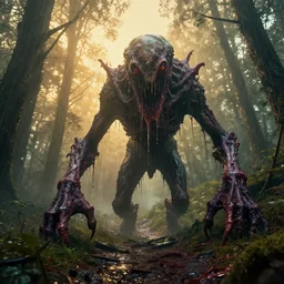 unknown menacing slime dripping wet nightmarish!!!, hellish!!!, visceral!!!, alien!!!, creatures, staring you down, windy forested hilly trail, fog, rain, volumetric lighting, beautiful, horrific, golden hour, sharp focus, ultra detailed, cgsociety