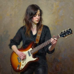 Anna Calvi playing electric guitar, oil painting by Lindsay Bernard Hall