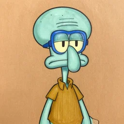 a huge, muscular squidward wearing blue goggles, illustration, graphic novel, graphite, marker art, crayon, paint, comic book, warm color palette, electric colors, tonal colors, 2 d, 8 k, natural lighting, amoled, moody lighting, diffraction grading, cel shading : : katsuhiro otomo