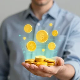 Closeup shot of a man holding a hologram of golden yellow coins, digital illustration