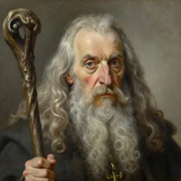 a detailed portrait of old wizard with a staff by edouard bisson and raymond swanland, close up, swirly hair, oil painting, muted colours, soft lighting