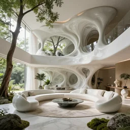 highly detailed sharp villa natural beautiful light interior soft cinematic cellular composition of a smooth ceramic porcelain biomorphic magnolia stone nebula fluid sci - fi surreal architecture landscape, furniture, granite, trees, marble, moss, lichen, fungi, vincent callebaut composition, mamou - mani, archviz, 8 k, unreal engine, hdr
