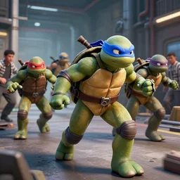 ninja turtles are escaping from the factory, and a couple of people were prisoners with them. then the men in black chased them, and then the gangs, 8 k, extremely beautiful trending on artstation, unreal engine render, 3 d, 4 k,