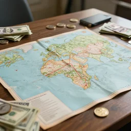 a map is on the table, a lot of money on the table, photorealistic, 3 d, octane, cinematic,