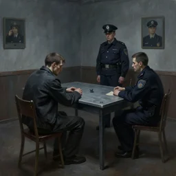 dark oil realistic painting a gaunt man sits alone at a table with two cops in a depressing gloomy soviet police interrogation room