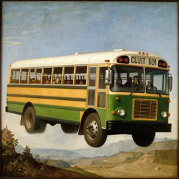 a renaissance painting of a flying school bus