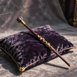 the most mysterious magic wand laying on a velvet pillow