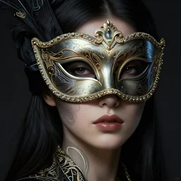 a beautiful half - masked woman wearing a venetian mask, intricate, elegant, highly detailed, digital painting, artstation, smooth, sharp focus, dramatic lighting, illuminated lines, outrun, vaporware, intricate venetian patterns, cyberpunk darksynth, by ruan jia and ilya kuvshinov and alphonse mucha