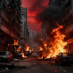 dirty, dark, streets of hong kong, huge fires flaming through the streets, blood red colored sky, apocalpyse, debris on the floor