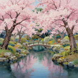 japanese water garden with cherry blossom trees, detailed matte painting hyperdetailed yoshitoshi abe concept art detailed painting hypermodernism airbrush art kintsugi anime
