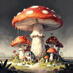 “melting mushroom city, in the style of James Jean”