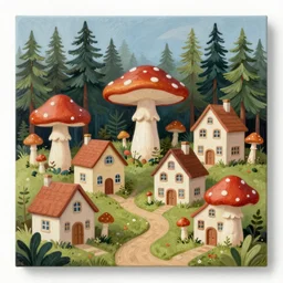 A beautiful painting of a toadstool village in a pine forest, houses in the shape of mushrooms, european village, whimsical cottagecore cabins, witcher concept art, elven gnome dwelling, Digital Art by James Christensen, Trending on artstation
