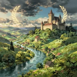 beautiful valley with river, trees and a medieval castle in the distance, and a village far in the distance. Studio Ghibli