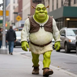 shrek walking on new york street wearing a suit , hyperrealistic