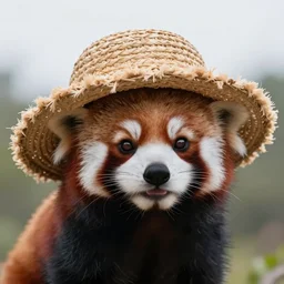 portrait photo of a small happy chunky fluffy straw hat wearing red panda, looking into the camera, indoors, f 1. 4, golden ratio, overcast day