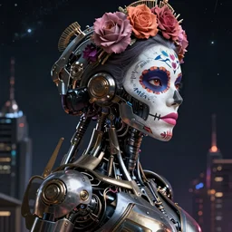 side portrait, beautiful female android!, intricate detailed environment, photorealistic!, octane render, mechanical, concept art, cinematic lighting, interstellar, hyper realism, sharp, cyberpunk, bladerunner, 8 k, el dia los muertos. by angus mckie, moebius, maciej kuciara, stanley lau, artgerm, greg rutkowski