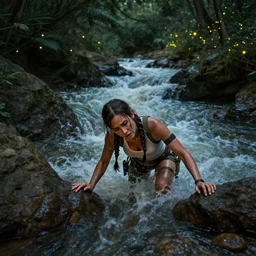 wide shot of exhausted Lara Croft climbing out of a roaring ancient river, fireflies by Lilia Alvarado