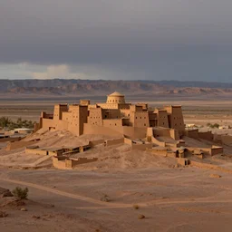 epic view of a Kasbah town on a flat topped wide mesa, in the Nevada desert, overcast dusk, matte painting in the style of craig mullins and james gurney, trending on artstation, digital art, photoshop