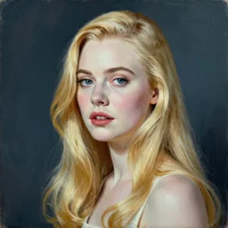 Painting of Elle Fanning in a 50s ad, long blonde hair, delicate, pale milky white porcelain skin, by Edward Hopper. 8K. Extremely detailed.
