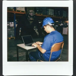 a polaroid photo of man using a laptop inside in warehouse, he sitting on chair and small table, he's wearing blue cloth and construction hat, behind him is a very scary monster watching him work, photo from behind, highly details, perfect face shape, cinematic lighting,