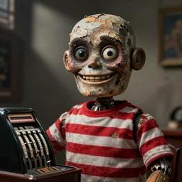 gloomy photo old grinning skin tattered cracked peeling skin animatronic with red white striped shirt, fair teller