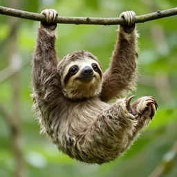 an energetic young sloth with big eyes swinging on a vine