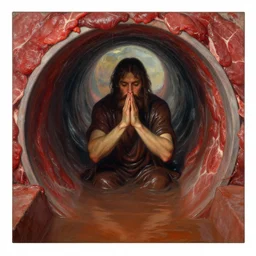 a praying bearded prophet inside a dark slimy water slide tube, the walls are made of red meat, the floor is flooded, by craig mullins, ilya repin