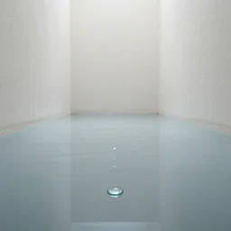drops in floor of a liminal space, unknown location, submerged in water, clean, stucco walls, shiny floors