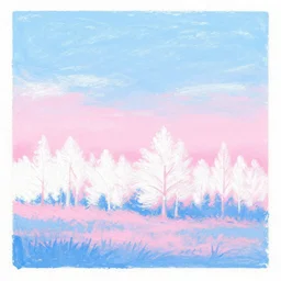 landscape painting soft pastel colors blue pink white sky with white pink blue ground forest simple