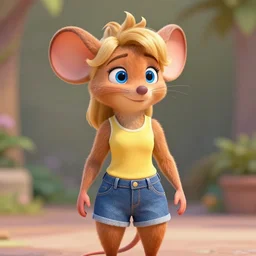 3 d render, portrait, mid shot, disney prince as a anthropomorphic mouse, female, blond fur, blue eyes, wearing denim short shorts, wearing a off yellow tank top shirt, solo, in the style of zootopia