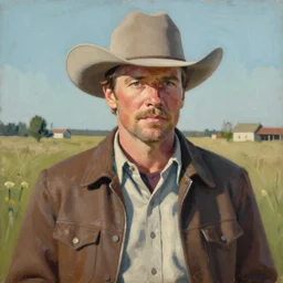 portrait of josh brolin as llewelyn moss in no country for old men. 7 0 s cowboy clothes and environment. flat colours. oil painting by lucian freud. path traced, highly detailed, high quality, j. c. leyendecker, drew struzan tomasz alen kopera, peter mohrbacher, donato giancola