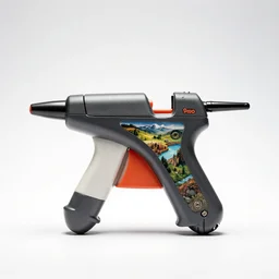 vintage glue gun, commercial catalog photo, isolated on a pure white background, centered, entire object in frame, sharp focus, soft studio lighting