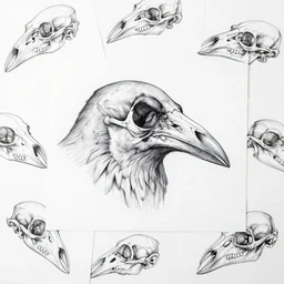 many style sheets, crow skull. hand drawn bird skull, line art sketch of raven animal head