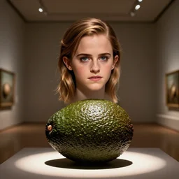 emma watson's head on top of a huge avocado in a museum under spotlight, pentax k 1 0 0 0, ray tracing, professional photomanipulation, fully detailed, sarcastic