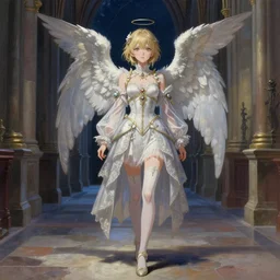 angelic girl in intricate clothing walking a cathedralic hallway at night, very high detail, painting, digital anime art, medium shot, mid - shot, wlop, ilya kuvshinov, artgerm, krenz cushart, greg rutkowski, sana takeda