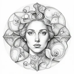 hyper detailed bw linear pencil drawing, woman portrait, organic symmetric shapes by ernst haeckel, unreal engine
