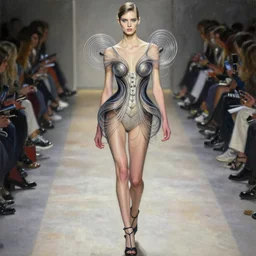 an intricate realistic oil painting of a fashion model resembling lily cole, wearing avant garde fashion, clothing by alexander mcqueen, clothing by iris van herpen, full body, runway, by tom bagshaw, by karol bak