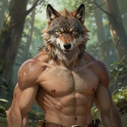 character concept portrait, friendly lumberjack werewolf, style digital painting, shirtless, brawny, broad shoulders, forest background, highly detailed, smooth, sharp focus, illustration by ruan jia and mandy jurgens and william - adolphe bouguereau, artgerm