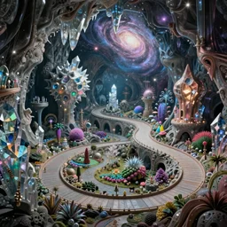 an epic elite masterpiece mysterious sci - fi matte painting of impossible winding paths through crystal cave dream worlds with surreal crystal structures inspired by heironymous bosch's garden of earthly delights, surreal cave landscapes by asher durand and cyril rolando and natalie shau and thomas kinkade, insanely detailed and intricate, elegant, subterranean galaxy