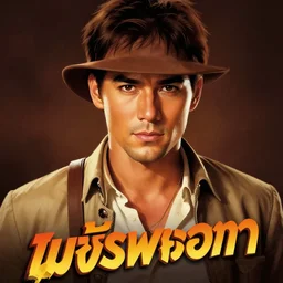 poster of smart and handsome and beautiful face thai male dressed as indiana jones, title as เพชรพระอมา, art by art by drew struzan