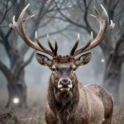 a stunning ultra detailed fantasy fine art portrait of an elk with large antlers connected to sinuous barren trees, surrounded by glowing orbs, misty, very detailed, perfect face, sharp focus, 8 5 mm lens, soft ethereal lighting, artstation, 8 k, by tomasz alen kopera, igor morski and anna dittman