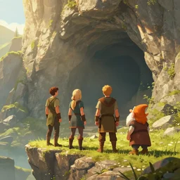 3 humans and 1 dwarf standing in front of a cave on a cliff, sunny, fantasy art, epic, 4 k