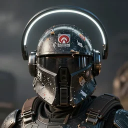 a photo of a scifi black halo spartan helmet covered in old torn stickers!, unreal engine, raytracing,