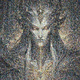 portrait photo of a powerful magical giant, long stylized face, fantasy, detailed, maximalist
