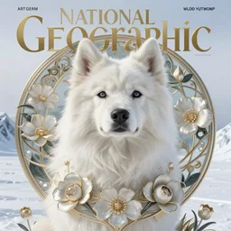 Hyperrealistic beautiful sexy ethereal national geographic magazine cover white north pole dog portrait, art nouveau, fantasy, intricate flower designs, elegant, highly detailed, sharp focus, art by Artgerm and Greg Rutkowski and WLOP